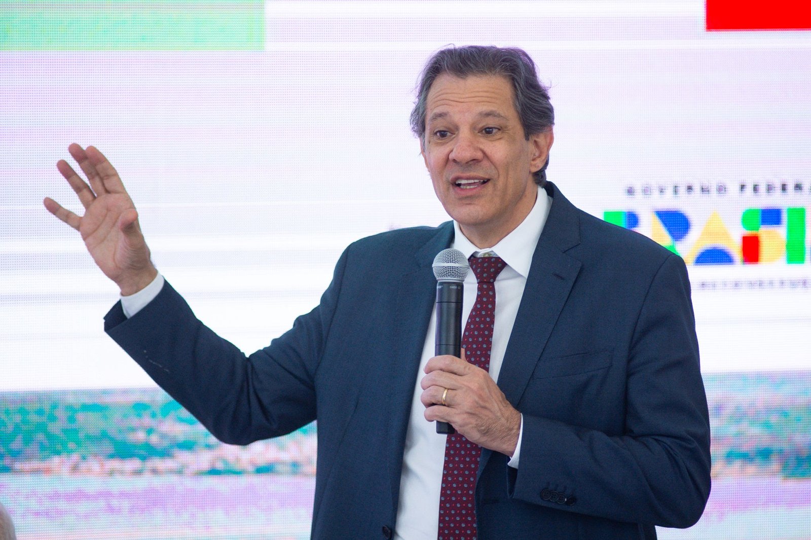 Fernando Haddad, Brazil's finance minister, speaks during a press conference at the Planalto Palace in Brasilia, Brazil, on Thursday, May 9, 2024. Brazil Finance Minister Fernando Haddad rolled out a plan worth 50.9 billion reais ($9.9 billion) to help millions of people hit by devastating floods in the nation's south as investors keep a wary eye on spending. Photographer: Andressa Anholete/Bloomberg via Getty Images